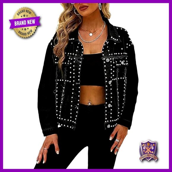 Jackets & Blazers - Distressed Denim Jacket Embellished Studs Pearls Classic Fit Y2K Chic